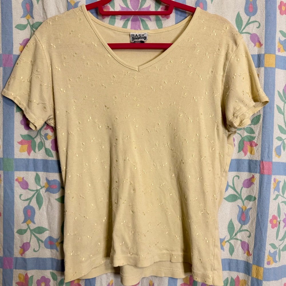 Vintage Basic Editions Pastel Yellow Vine Textured Cotton V-Neck Baby Tee